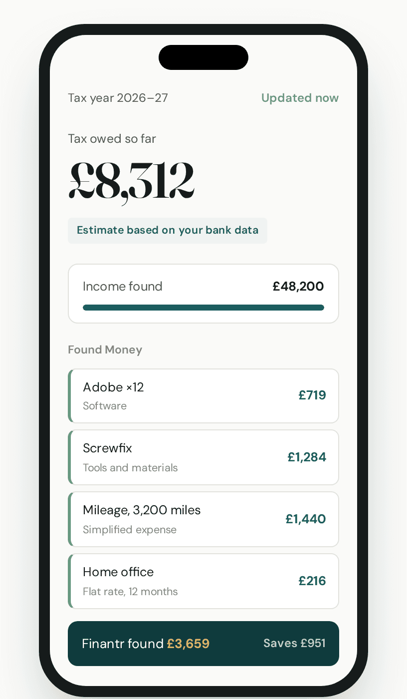 Finantr app showing tax owed so far, estimated from bank data, and income found